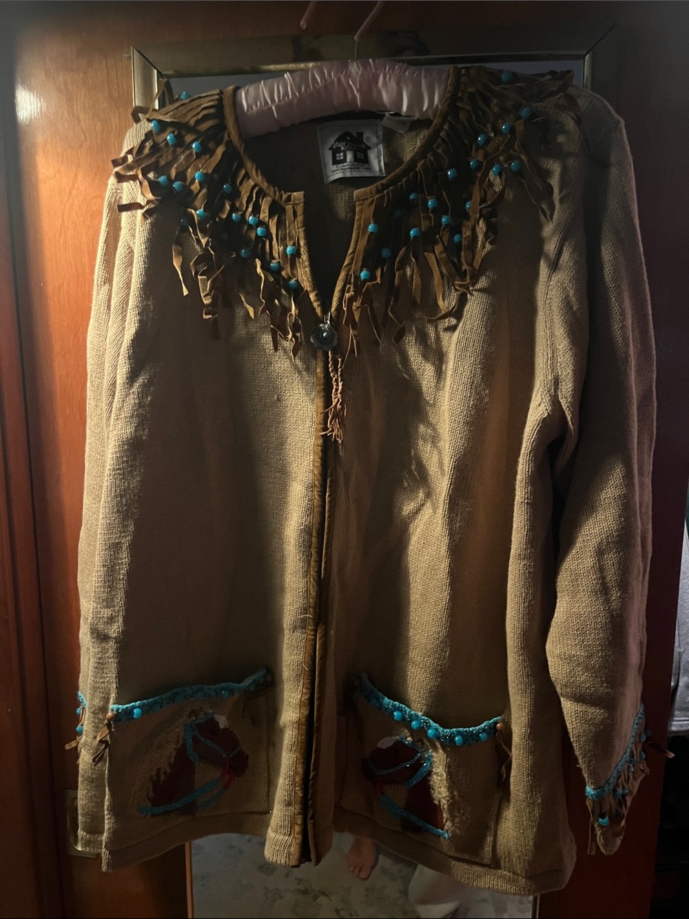 Storybook Knits Brown Fringe Cardigan with Turquoise Bead Accents